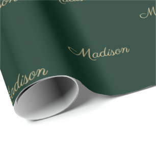 Custom script Name Text gold dark green Birthday  Wrapping Paper