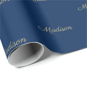 Custom script Name Text gold navy blue Birthday Wrapping Paper