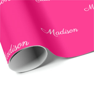 Custom script Name Text hot pink white chic Wrapping Paper