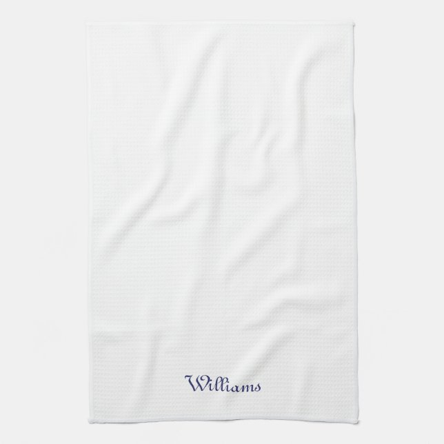 Custom script navy blue name monogram white  kitchen towel (Vertical)