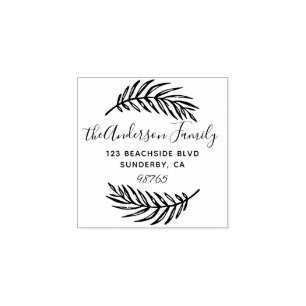Custom Script Palm Leaves Wreath Return Address Rubber Stamp