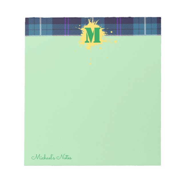 Custom Script Plaid Tartan Splash Monogram Green Notepad (Front)