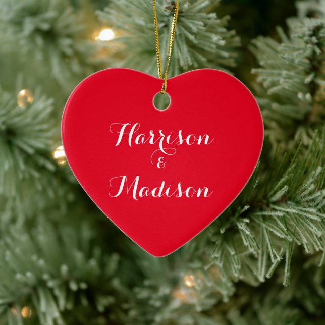 Custom script red Couple's Name Christmas Ceramic Ornament (Tree)