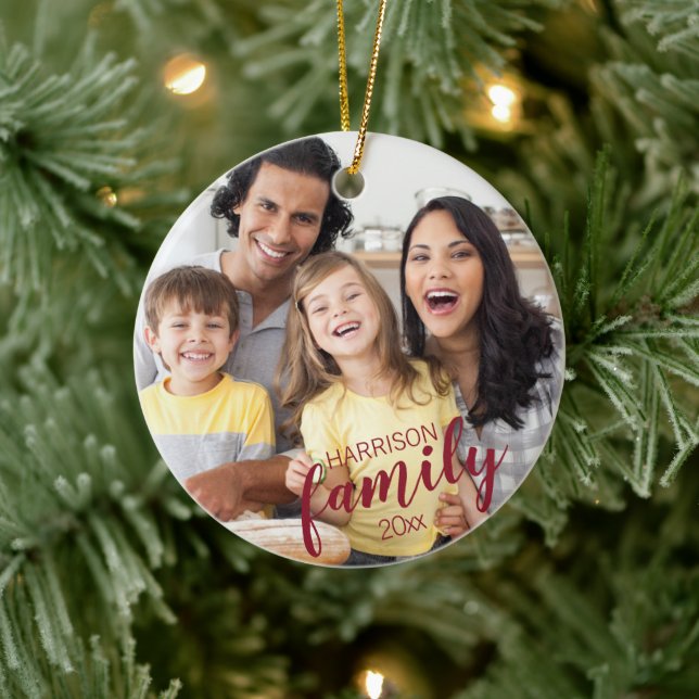 Custom Script Red FAMILY 2 Photo Keepsake Ceramic Ornament (Tree)