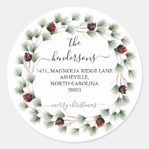 Custom Script Return Address Text Holiday Wreath  Classic Round Sticker