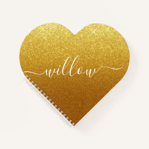 Custom Script Signature Gold Glitter Heart Shape  Notebook