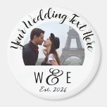 Custom Script Text Fridge Magnet Wedding Favours<br><div class="desc">Custom printed, personalized CALLIGRAPHY SCRIPT font template ROUND Photo Fridge Magnet wedding favours. Template personalised on front of photo fridge magnet, available in 3 sizes: 1.25", 2.25" and 3" diameter. UPPER TEXT - main wedding statement. Replace IMAGE with your wedding couple, engagement, wedding photo. LOWER TEXT - The monogram template...</div>