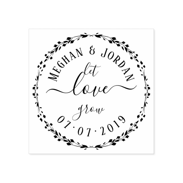 Custom Script & Wreath Let Love Grow Wedding Rubber Stamp (Imprint)