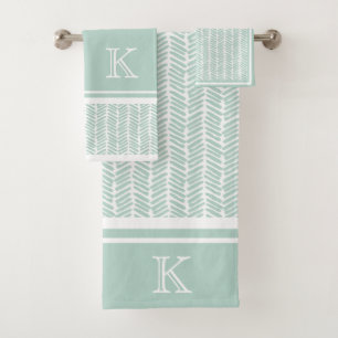 Custom Seaglass Mint Green White Zigzag Stripes Bath Towel Set
