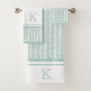 Custom Seaglass Mint Green White Zigzag Stripes Bath Towel Set