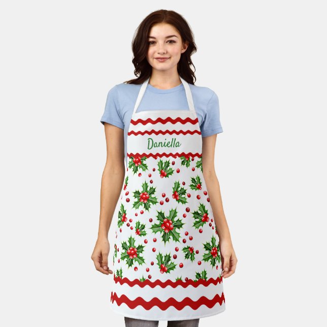 Custom Seasonal Red Holly Berries Green Leaves Apron (Worn)