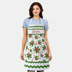 Custom Seasonal Red Holly Berries Green Leaves Apron