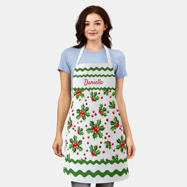 Custom Seasonal Red Holly Berries Green Leaves Apron (Worn)