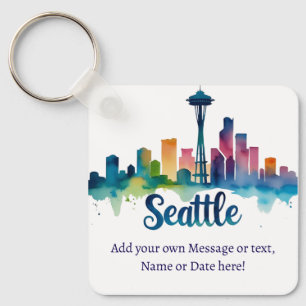 Custom Seattle City watercolor Skyline Keychain