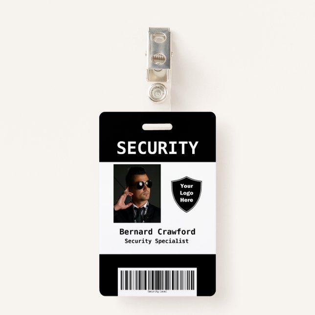 Custom Security Personnel ID Badge Black | White (Front with Clip)