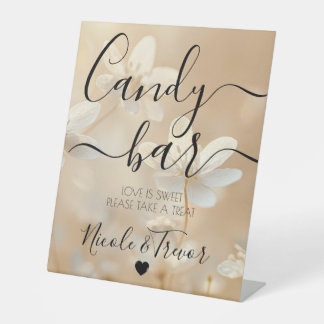 Custom Sepia White Flowers Calligraphy Candy Bar Pedestal Sign