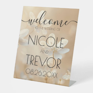 Custom Sepia White Flowers Welcome Wedding Pedestal Sign