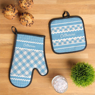 Custom Shabby Chic Light Blue White Gingham Plaid Oven Mitt & Pot Holder Set