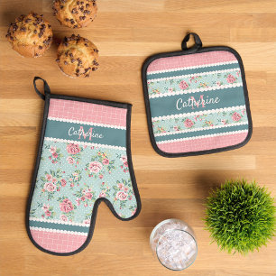 Custom Shabby Chic Pink Roses On White Polka Dots  Oven Mitt & Pot Holder Set
