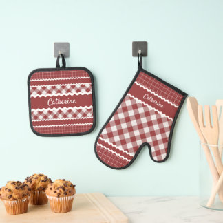 Custom Shabby Chic Red White Gingham Plaid Oven Mitt & Pot Holder Set