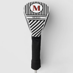 Custom Shadow Monogram Black Red White Stripes Golf Head Cover
