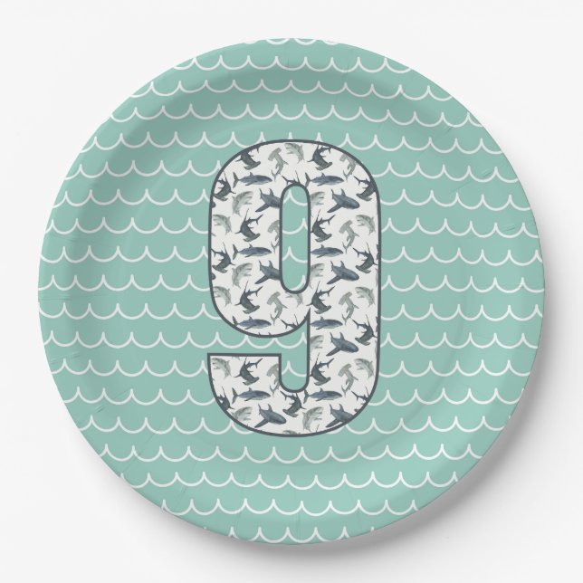 Custom Shark Birthday Plate | 9th Birthday | Ocean (Front)