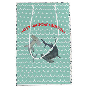 Custom Shark Gift Bag Aqua and White Ocean Waves