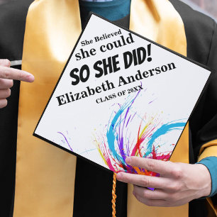 Custom She Believed She Could Pink Glitter Grad Graduation Cap Topper