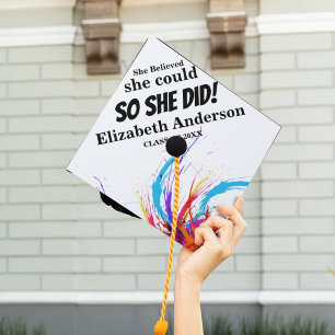 Custom She Believed She Could Pink Glitter Grad Graduation Cap Topper