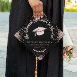 Custom She Believed She Could Rose Gold Glitter Graduation Cap Topper<br><div class="desc">Celebrate her milestone in chic, feminine style with this “She Believed She Could So She Did” rose gold glitter graduation cap topper. Featuring a sleek black background with sparkling rose gold confetti accents and elegant script typography, this personalized grad cap decoration adds a modern glam touch to commencement day. Customized...</div>