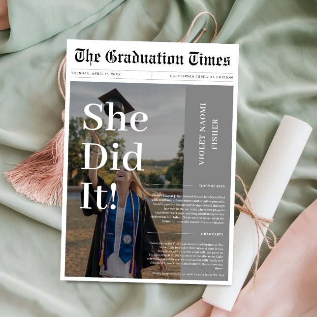 Custom She Did It Graduation 2025 Newspaper Photo Invitation (Creator Uploaded)