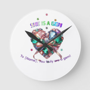 Custom She Is A Gem Heart Gemstone Gift Round Clock