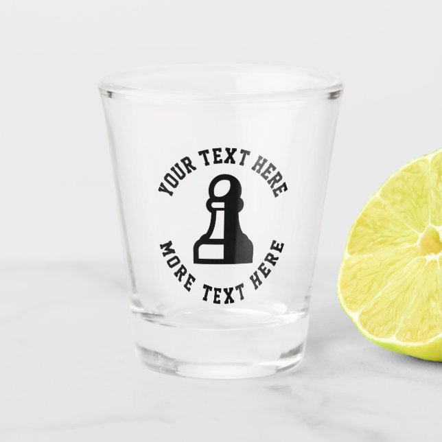 Custom shot glass with black chess pawn logo (Front)