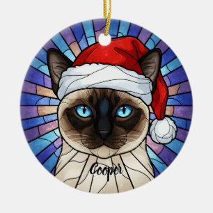 Custom Siamese Cat Santa Hat Stained Glass Ceramic Ornament
