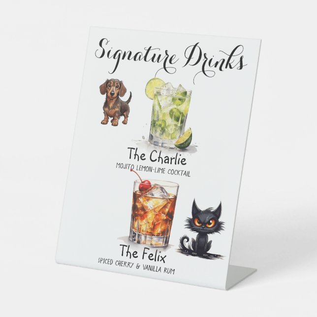 Custom Signature Drinks Pets Wedding Bar Pedestal Sign (Front)