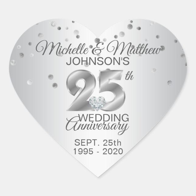 Custom Silver 25th Wedding Anniversary Diamond Heart Sticker (Front)