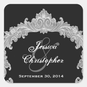Custom Silver and Black Vintage Floral Wedding Square Sticker