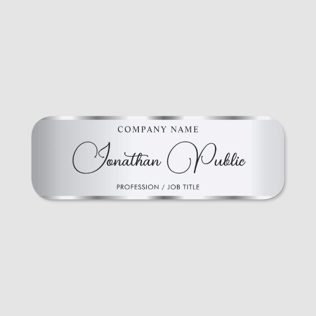 Custom Silver Elegant Calligraphy Script Template Name Tag (Front)