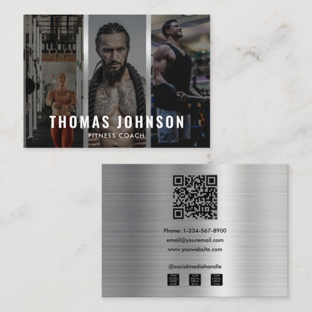 Custom Silver Fitness Coach Social Media 3 Photo Business Card (Front/Back)