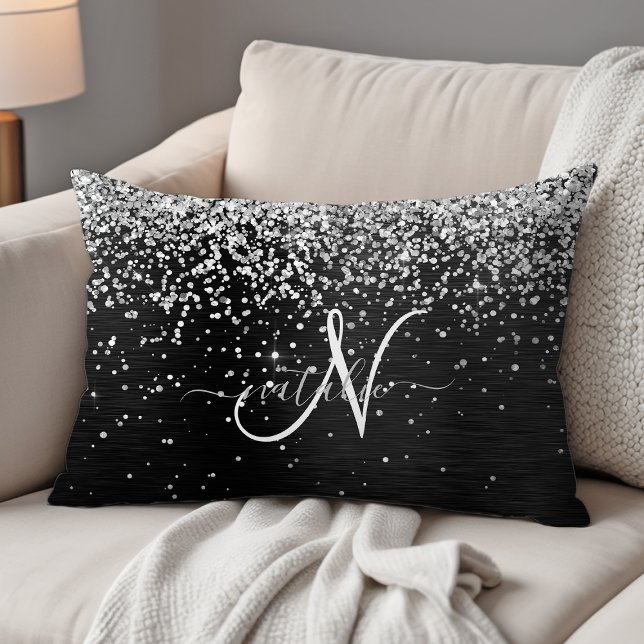  Custom Silver Glitter Black Sparkle Monogram Accent Pillow (Creator Uploaded)