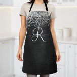 Custom Silver Glitter Black Sparkle Monogram Apron<br><div class="desc">Easily personalize this trendy elegant apron design featuring pretty silver sparkling glitter on a black brushed metallic background.</div>