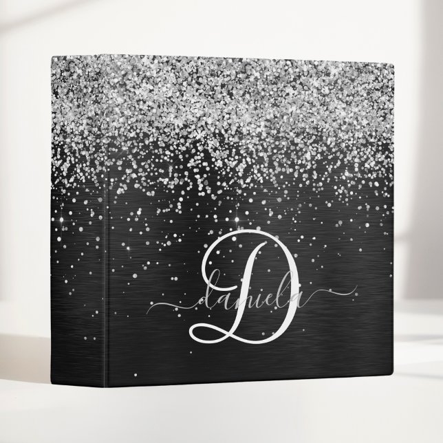 Custom Silver Glitter Black Sparkle Monogram Binder (Creator Uploaded)