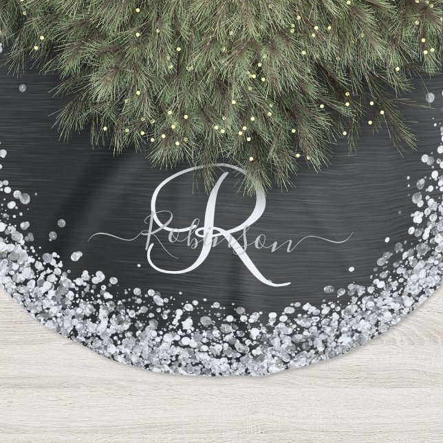 Custom Silver Glitter Black Sparkle Monogram Brushed Polyester Tree Skirt (Creator Uploaded)