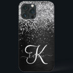 Custom Silver Glitter Black Sparkle Monogram iPhone 13 Pro Max Case<br><div class="desc">Easily personalize this trendy elegant phone case design featuring pretty silver sparkling glitter on a black brushed metallic background.</div>