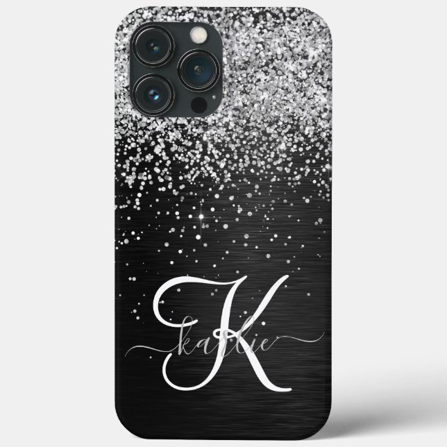 Custom Silver Glitter Black Sparkle Monogram Case-Mate iPhone Case (Back)