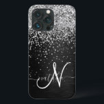 Custom Silver Glitter Black Sparkle Monogram iPhone 13 Pro Case<br><div class="desc">Easily personalize this trendy elegant phone case design featuring pretty silver sparkling glitter on a black brushed metallic background.</div>