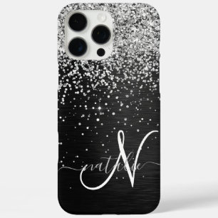 Custom Silver Glitter Black Sparkle Monogram iPhone 16 Pro Max Case