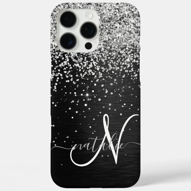 Custom Silver Glitter Black Sparkle Monogram Case-Mate iPhone Case (Back)
