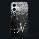Custom Silver Glitter Black Sparkle Monogram iPhone 16 Case<br><div class="desc">Easily personalize this trendy elegant phone case design featuring pretty silver sparkling glitter on a black brushed metallic background.</div>