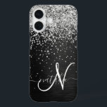 Custom Silver Glitter Black Sparkle Monogram iPhone 16 Case<br><div class="desc">Easily personalize this trendy elegant phone case design featuring pretty silver sparkling glitter on a black brushed metallic background.</div>